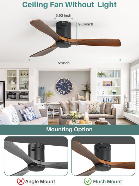 52 Inch Solid Wood Ceiling Fan With Remote Control No Light Flush Mount Wood Blades Whisper Quiet DC Motor in living room