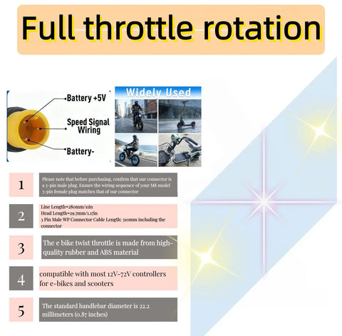Diagram showing wiring and usage of Half Twist Throttle Grip For E Bikes And Scooters No Fuss Setup 22.2mm Handlebar Universal 12V To 72V.