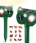 Solar Powered Ultrasonic Animal Repellent With Outdoor Motion Sensor For Squirrels And Deer Yard Guard PIR Detection Up To 30 Feet 120 Degree Coverage Inaudible To Humans With LED Strobe, green stake device