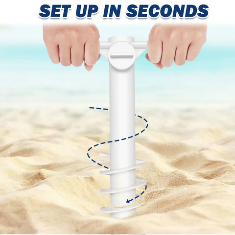 Installing Beach Umbrella Sand Anchor Heavy Duty Outdoor Stand Base With Five Spiral Screws in beach sand, hands turning handle.