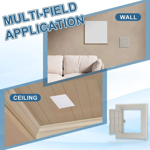 Super Slick Snap Fit Drywall Access Panel With No Sweat Double Sided Tape Mounting And Thick Plastic Housing In Clean Gray showing wall and ceiling applications.