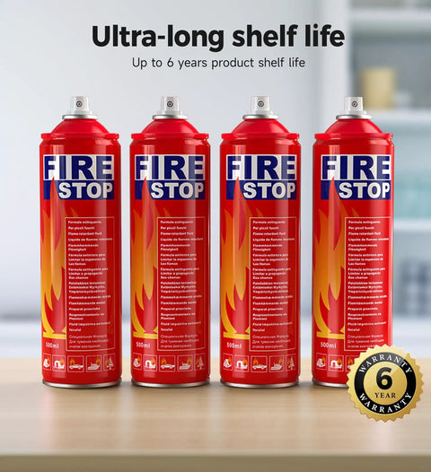 Four Pack Fire Extinguishers With Mount Brackets, Portable For Home Kitchen Car Boat And BBQ, All In One Fire Protection, Water Based Formula, Easy To Use Press Button And Spray, Eco Friendly Safety Gear displayed in a row on a table