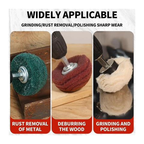 10 Piece Premium Non Woven Abrasive Buffing Wheel Set With 1/4 Inch Shank For Serious Polishing Edge Work And Surface Prep Jobs featuring 180 320 Grit Flap Wheels And Dome Sanding Pads To Get That Slick Smooth Finish Fast in use for rust removal, wood deburring, grinding and polishing.