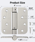 Heavy Duty 4 Inch Satin Nickel Self Closing Door Hinges Featuring Tough As Nails Adjustable Tension and Knockout Auto Close Action, product size diagram.