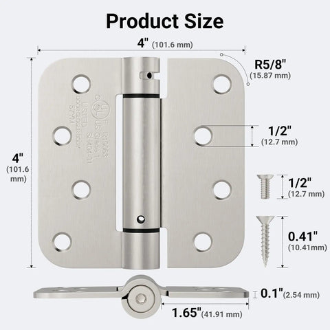 Heavy Duty 4 Inch Satin Nickel Self Closing Door Hinges Featuring Tough As Nails Adjustable Tension and Knockout Auto Close Action, product size diagram.