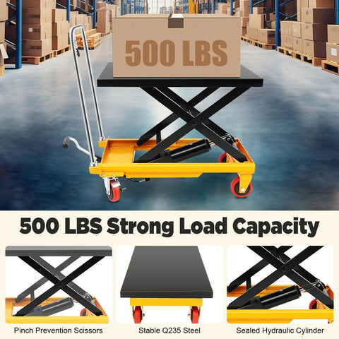 Heavy Duty Hydraulic Lift Table Cart With Smooth Rolling Locking Casters And Quick Fold Design, 28.5 Inch single scissor cart with 500lbs capacity.