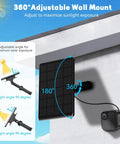 4 Pack 6W Solar Panel For Blink Cameras mounted on wall with 360-degree adjustable mount and camera