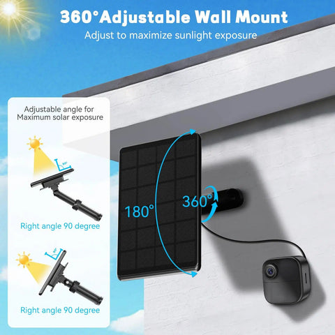 4 Pack 6W Solar Panel For Blink Cameras mounted on wall with 360-degree adjustable mount and camera
