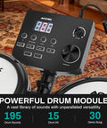 Close-up of electric drum set with module display, part of Electric Drum Set With Quiet Mesh Pads For Beginners USB MIDI Ready Kit