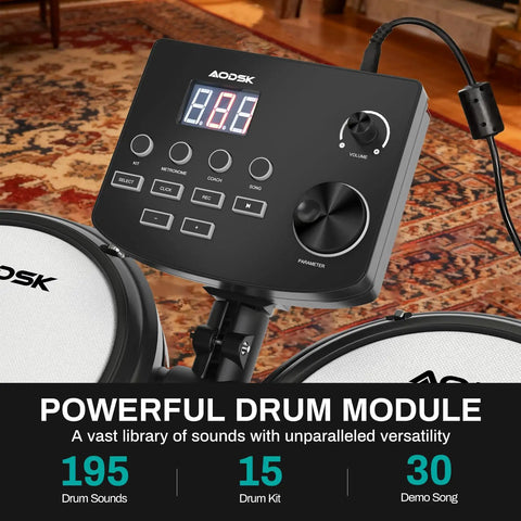 Close-up of electric drum set with module display, part of Electric Drum Set With Quiet Mesh Pads For Beginners USB MIDI Ready Kit