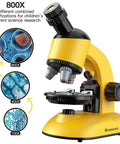 Kids Microscope Kit With LED 40X-1200X Magnification showing 800x, 400x, 100x views and yellow microscope model