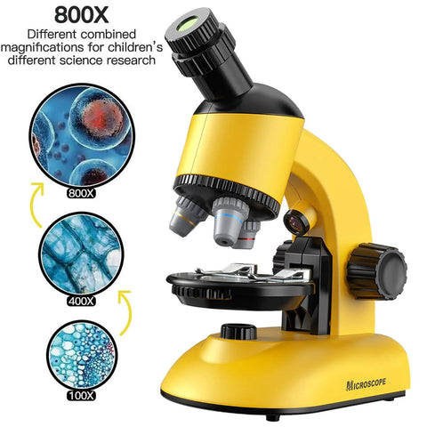 Kids Microscope Kit With LED 40X-1200X Magnification showing 800x, 400x, 100x views and yellow microscope model