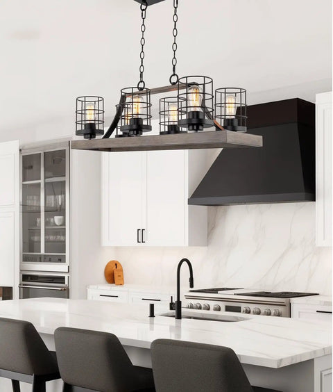 Farmhouse Dope 6 Light Kitchen Island Light With Cage Style Shades Weathered Ash Wood Finish And Bold Black Accents Modern Rustic Pendant