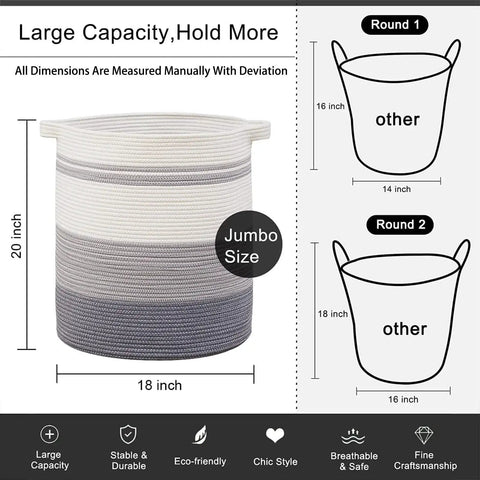 80 Liter Woven Laundry Hamper With Sturdy Handles And Decorative Storage Basket For Living Room Toy Bin Pillows Blankets And Clothes 20x18 Inch Gradient Gray Natural Handmade Durable Safe For Kids Nursery with dimensions and features displayed
