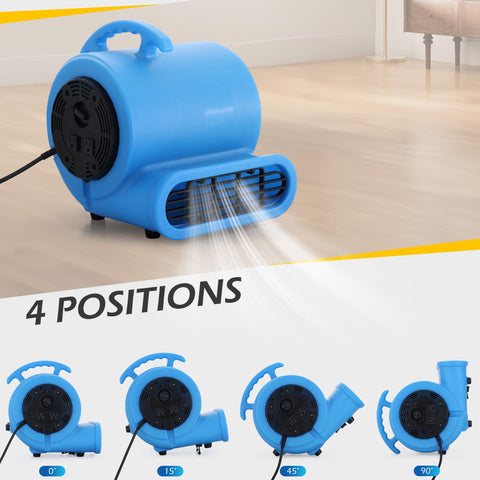 Industrial Air Mover Fan For Water Damage Restoration And Carpet Drying, 1/2 HP, 2800 CFM, showing 4 position angles