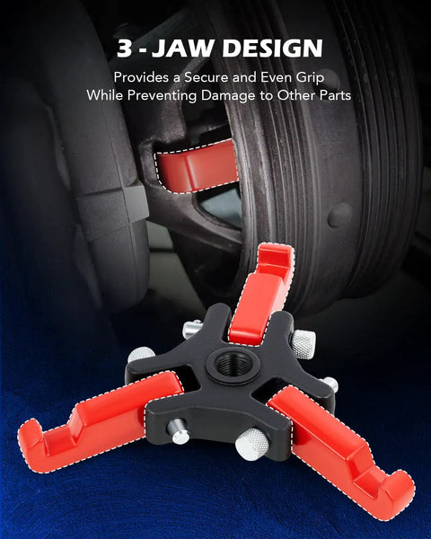 Harmonic Balancer Puller Kit with adjustable three jaw puller in use, showing grip on engine part, precision tips, red color.