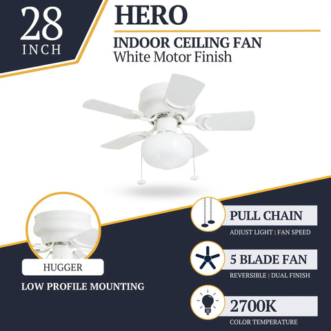 28 Inch Traditional Flush Mount Indoor LED Ceiling Fan With Light, Pull Chain, Dual Finish Blades White On White Oak