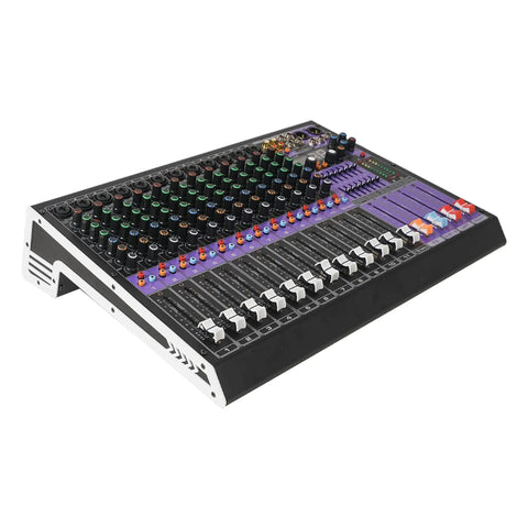 12 Channel Pro Audio Mixer With 99 DSP Processing, USB MP3 Bluetooth, Dual 7 Band EQ On Every Channel, 48V Phantom Power, Mute And Recording Capable Triton TX1202 angled view