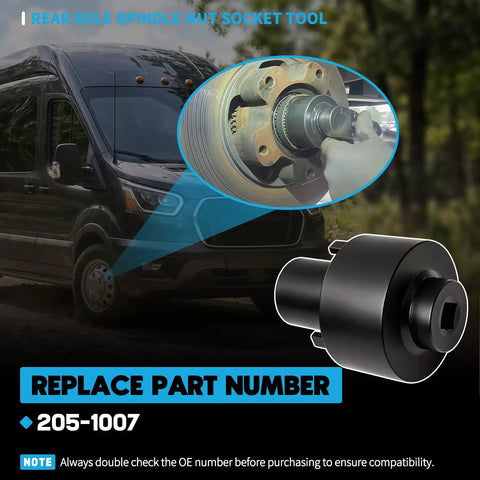 Beefy Heavy Duty Rear Axle Spindle Nut Socket For Transit 2015 To 2019 150 250 350 Fits Full Floating Axles Only Hub Nut Remover Replacement Tool For Shop Use shown with Transit van and socket close-up.