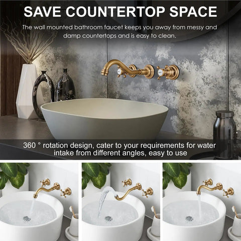 Widespread Bathroom Sink Faucet Wall Mount With Three Holes And Double Handles Solid Brass Lavatory Basin Mixer Tap Hot Cold Sign Indicators Antique Brass Finish Heavy Duty Commercial Grade Bath Faucet Built To Last in use