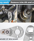 Beefed Up Heavy Duty Trim Tilt Pin Wrench 32mm By 4.5 And 4mm for removing trim tilt caps on hydraulic cylinders shown in use