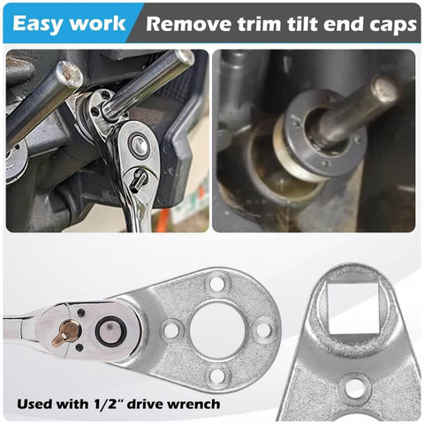 Beefed Up Heavy Duty Trim Tilt Pin Wrench 32mm By 4.5 And 4mm for removing trim tilt caps on hydraulic cylinders shown in use