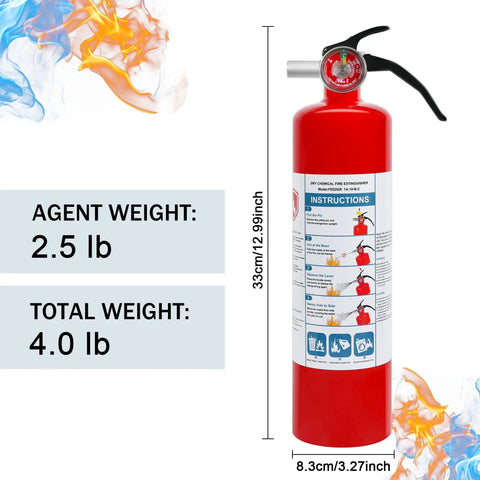 4 Pack Dry Chemical Fire Extinguishers 2.5 Lb With 1A:10B:C Rating, close-up view showing instructions and measurements