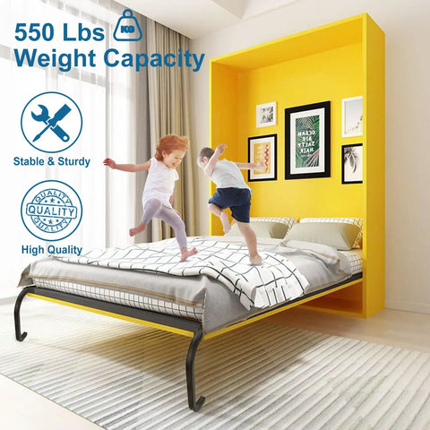 Top Shelf Queen Size Vertical Murphy Bed Kit delivers smooth wall mounted folding design with kids jumping on bed, 550 lbs capacity.