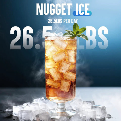 Cold drink with nugget ice, glass and ice mist, text overlay: 26.5 lbs per day. Countertop Nugget Ice Maker With FlashChill For Fast Ice In Six Minutes, Chewable Nuggets For Quick Cold Drinks, Produces Up To Twenty Six Point Five Lbs Per Day, Self Cleaning, Compact Portable Design For Home, Office And Parties.