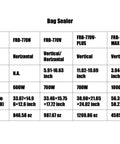 Bag Sealer specifications chart including model, type, size, and power for various units.