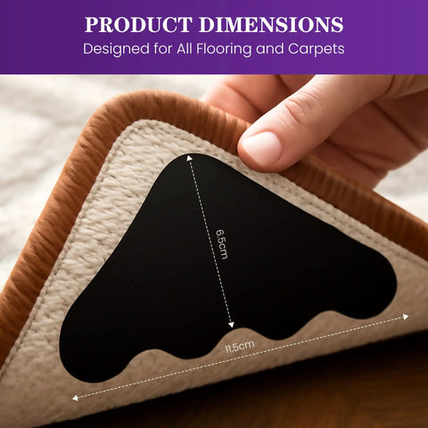 Hand holding 16Pcs Non Slip Rug Grippers With Triangular Design For Hardwood Floors And Carpet Tape For Area Rugs Keeps Rugs In Place