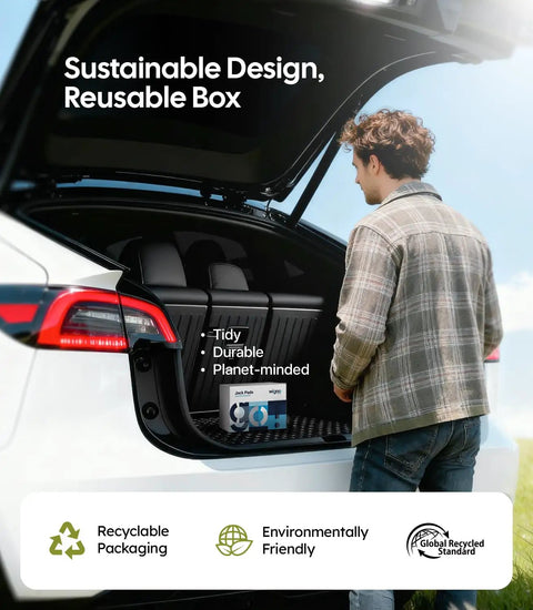 Tesla Jack Pads For Model Y And More Heavy Duty TPU Battery Protection Lift Pucks shown in trunk with sustainable packaging.