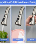 Universal Pull Down Kitchen Faucet Head Replacement With 3 Functions Anti Splash Design, Brushed Nickel finish in use