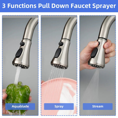 Universal Pull Down Kitchen Faucet Head Replacement With 3 Functions Anti Splash Design, Brushed Nickel finish in use