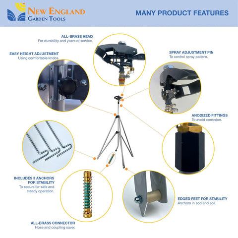 Product features of Beefy Tripod Sprinkler With 125 Ft Coverage 360 Degree Range Adjustable Height 48 To 72 Inches for farm and lawn