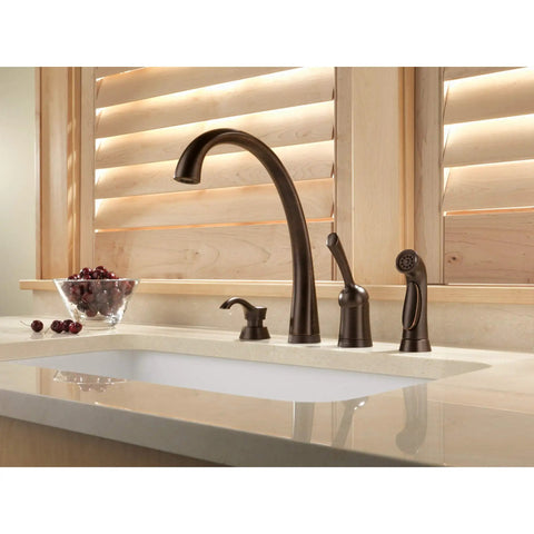 Pillar Kitchen Soap Dispenser for Pillar Waterfall and Linden Faucets Venetian Bronze Finish 13 oz Bottle on kitchen sink
