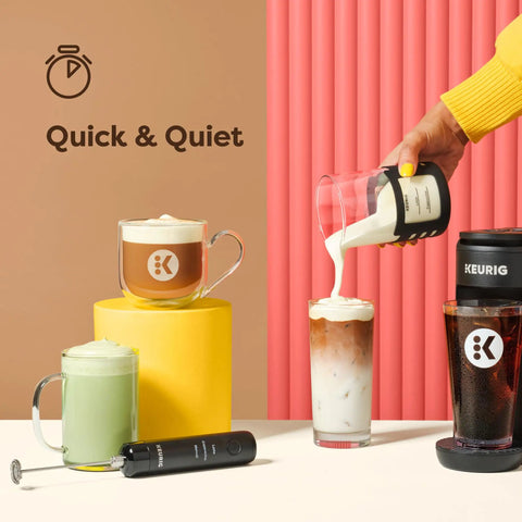 SimpleCafe Rechargeable Handheld Milk Frother For Lattes Cappuccinos And Iced Coffee with microwave-safe frothing cup pouring foam