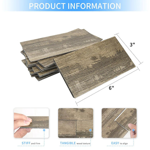 Peel And Stick Tile Backsplash Kit 102-Piece 3x6 Subway Tan Tiles For Kitchen And Bath, showing size and wood texture.
