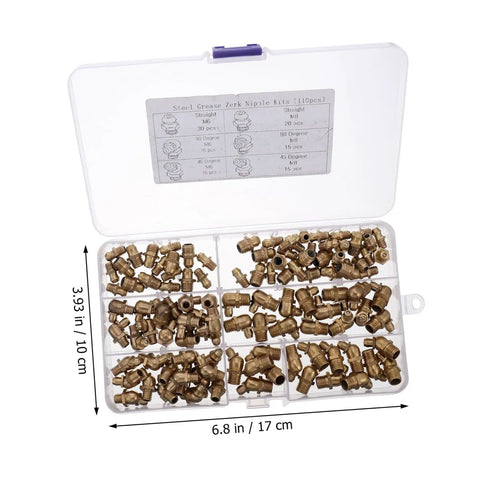 106 Piece Copper Grease Fittings Kit With M6 M8 M10 Zerk Nipples, Straight And Angled Fitment in plastic case