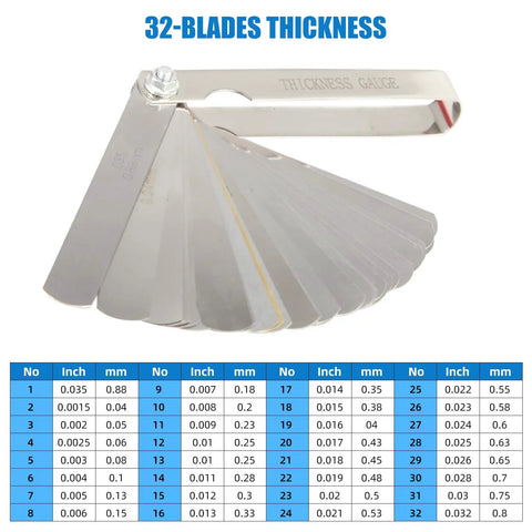 Dope Spark Plug Gap Tool With 32 Blade Steel Feeler Gauge For Precise Gaps, metal blades displayed and labeled for thickness.