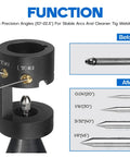 Top Tier TIG Tungsten Electrode Sharpener with four precision notches for stable arcs and cleaner welds, showing angles.