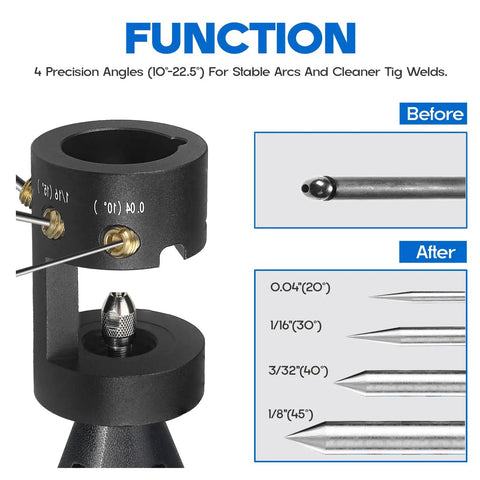 Top Tier TIG Tungsten Electrode Sharpener with four precision notches for stable arcs and cleaner welds, showing angles.