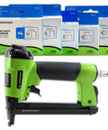 Heavy Duty Pneumatic Upholstery Stapler Kit With 6,250 Staples, 1/4 To 9/16 Inch Range in green color, staple packs shown