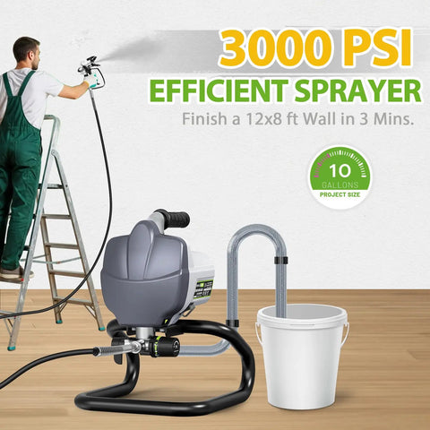 Person using 3000 PSI paint sprayer with 10-gallon capacity on ladder for wall painting