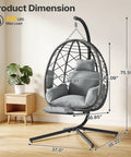 Hanging Egg Chair With Adjustable Footrest And Stand For Indoor And Outdoor Use Wicker Swing Chair With Cushion Supports Up To 330 Lbs Cozy Chill Lounge For Patio Bedroom Garden In Grey dimensions.