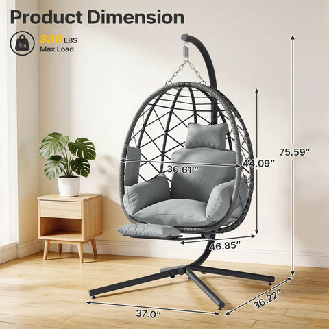 Hanging Egg Chair With Adjustable Footrest And Stand For Indoor And Outdoor Use Wicker Swing Chair With Cushion Supports Up To 330 Lbs Cozy Chill Lounge For Patio Bedroom Garden In Grey dimensions.