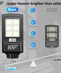 Comparison of Solar Street Light With Motion Sensor And Dusk To Dawn, 6500K Daylight White, 300000LM 1000W models showing size and weight.