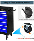 Seven Drawer Rolling Tool Chest On Wheels With Locking Casters And Tubular Handle, Built Tough Tool Cart For Your Garage, Shop Or Warehouse, Massive 7 Drawer Storage In Black And Blue. Black steel tool chest with blue drawers, side handle, and locking casters.