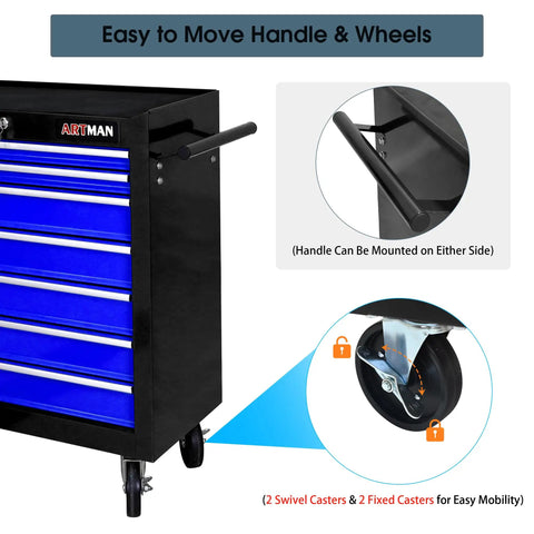 Seven Drawer Rolling Tool Chest On Wheels With Locking Casters And Tubular Handle, Built Tough Tool Cart For Your Garage, Shop Or Warehouse, Massive 7 Drawer Storage In Black And Blue. Black steel tool chest with blue drawers, side handle, and locking casters.