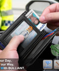 Person using Magnetic Closure Slim Leather Front Pocket Wallet For Men With RFID Blocking That Holds 12 Cards And A Cash Clip